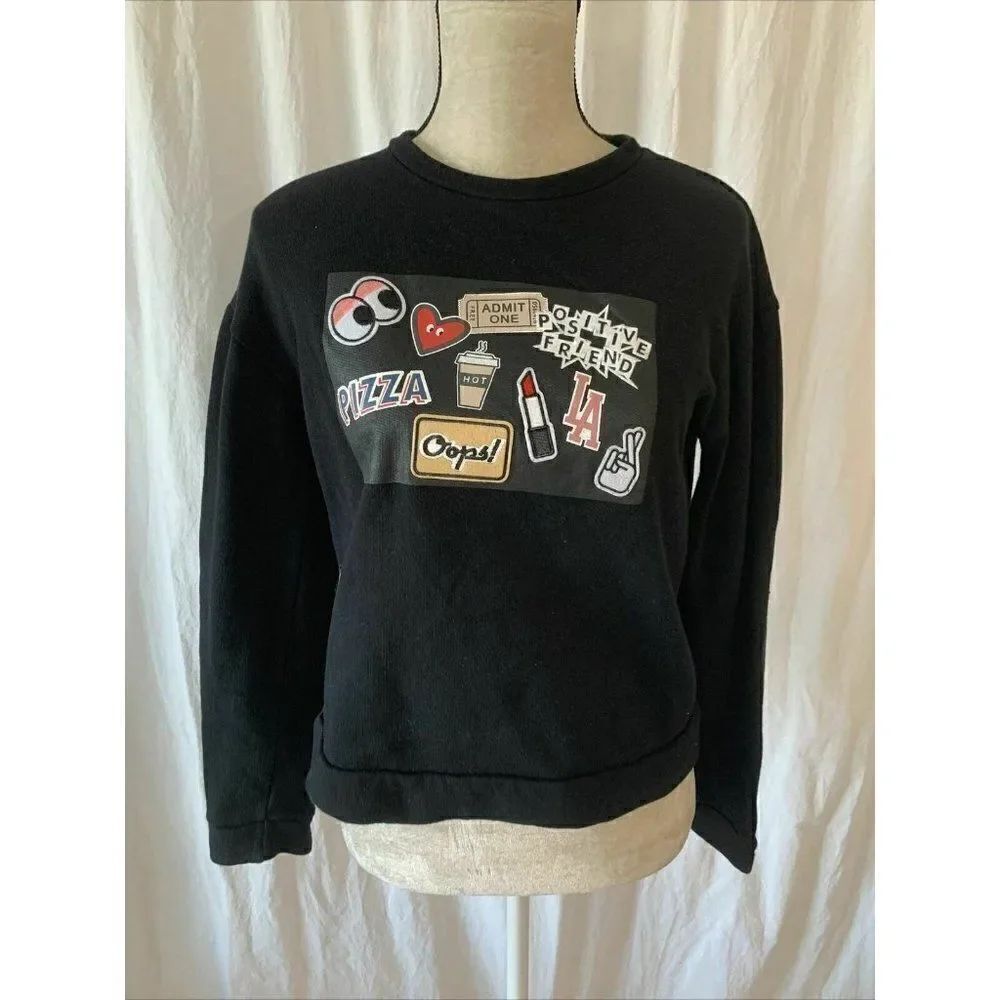 Zara Womens Black White LA Embroidered Long Sleeve Sweater Sweatshirt Top Small